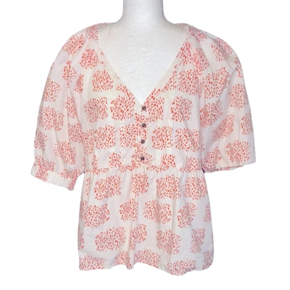 Anthropologie Moglea Danae White & Orange Puff Sleeve Babydoll Poplin Blouse - M